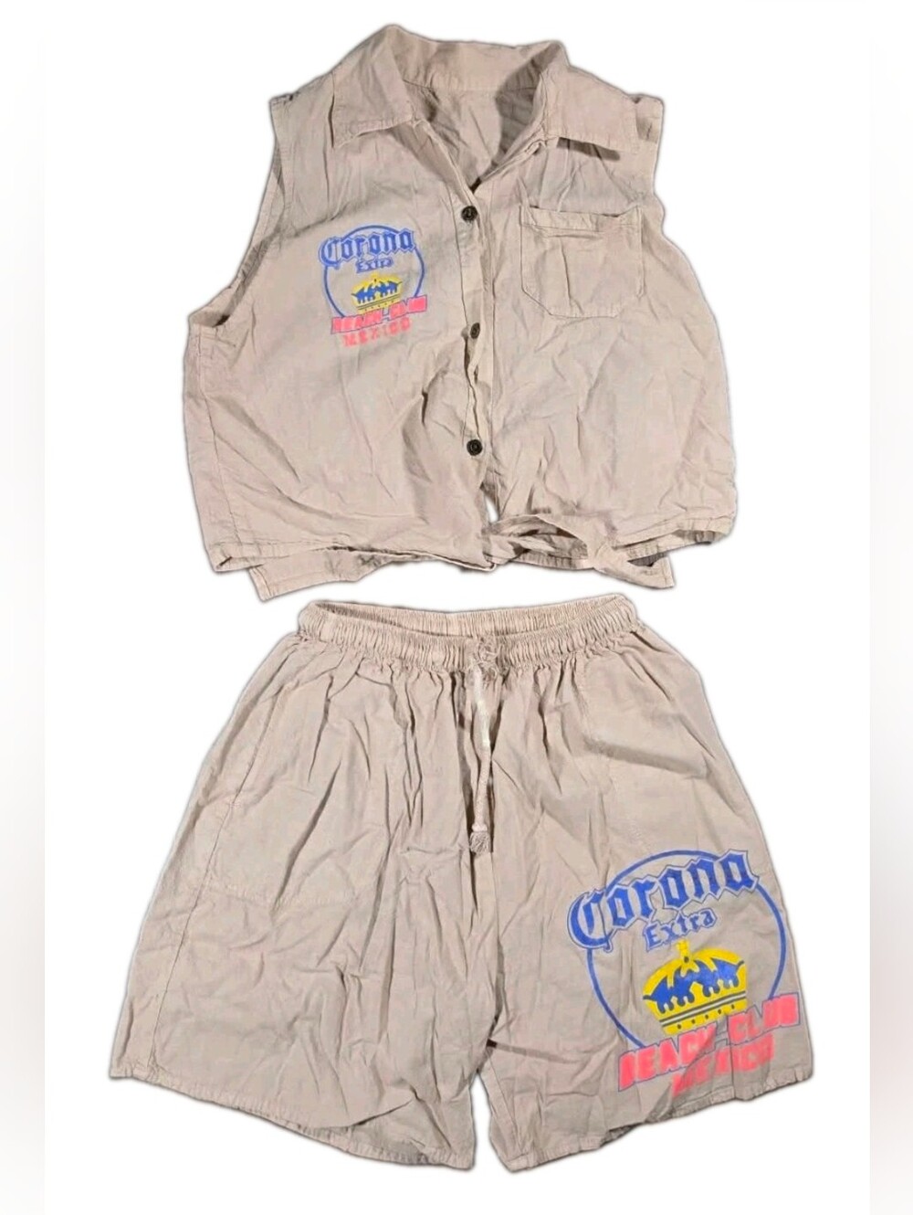 VTG Corona Extra Beer Beach Club 2-Piece Set Rare Cropped Vest & Shorts Co-ord